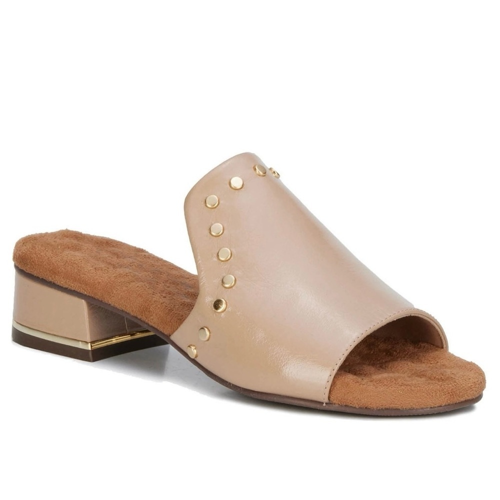 Ros Hommerson Bizzy Women's Slide Sandal Nude Shiny Tumbled Leather Gold 7W Wide